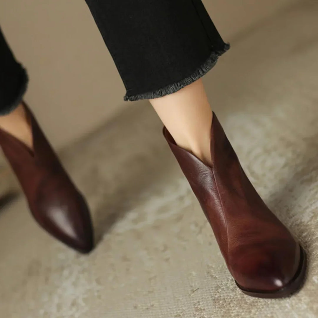 Women's Vintage-Inspired Pointed Toe Leather Heeled Ankle Boots