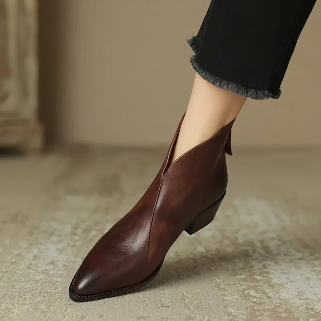Women's Vintage-Inspired Pointed Toe Leather Heeled Ankle Boots