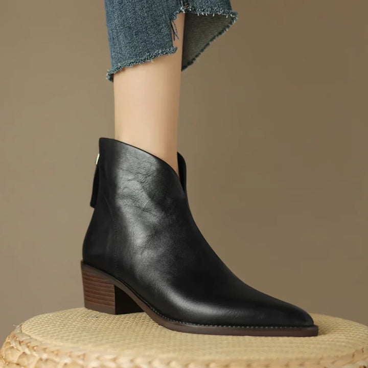 Women's Vintage-Inspired Pointed Toe Leather Heeled Ankle Boots