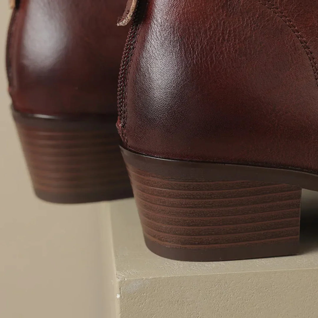 Women's Vintage-Inspired Pointed Toe Leather Heeled Ankle Boots