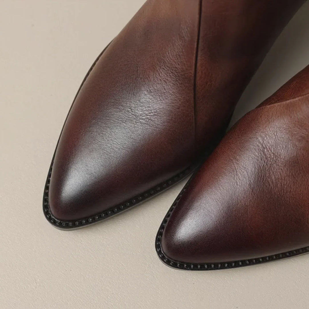 Women's Vintage-Inspired Pointed Toe Leather Heeled Ankle Boots