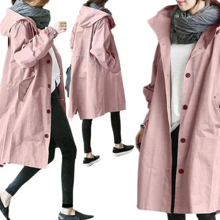 Women's Elegant Hooded Long Coat with Button-Front Closure