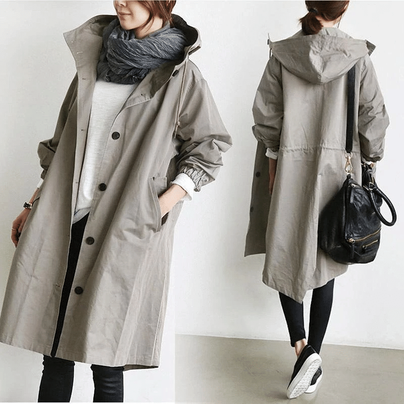 Women's Elegant Hooded Long Coat with Button-Front Closure