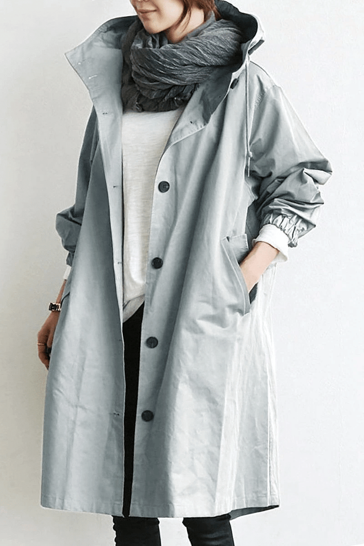 Women's Elegant Hooded Long Coat with Button-Front Closure