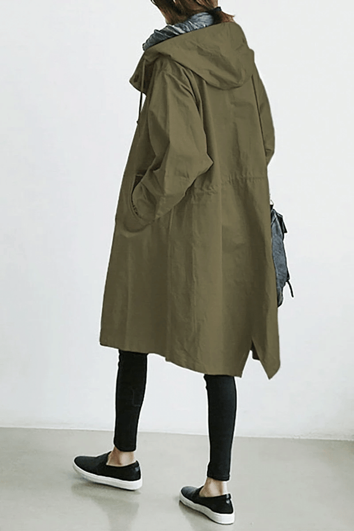 Women's Elegant Hooded Long Coat with Button-Front Closure