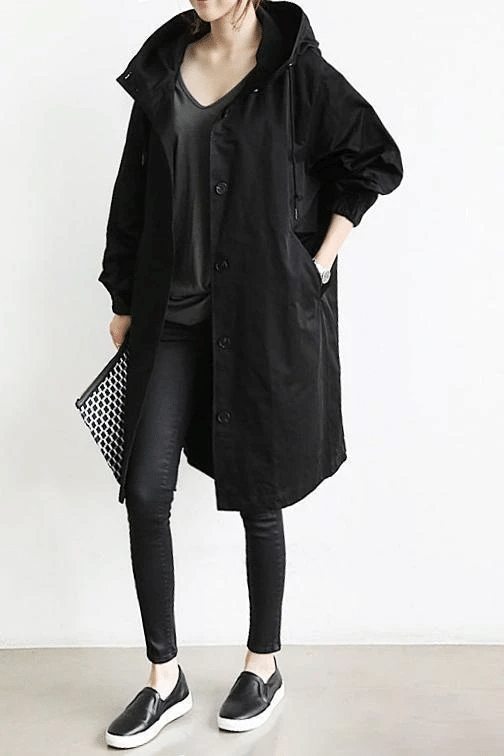 Women's Elegant Hooded Long Coat with Button-Front Closure