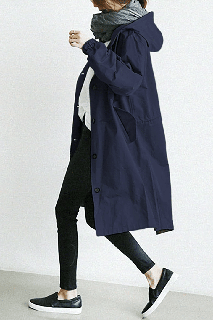 Women's Elegant Hooded Long Coat with Button-Front Closure