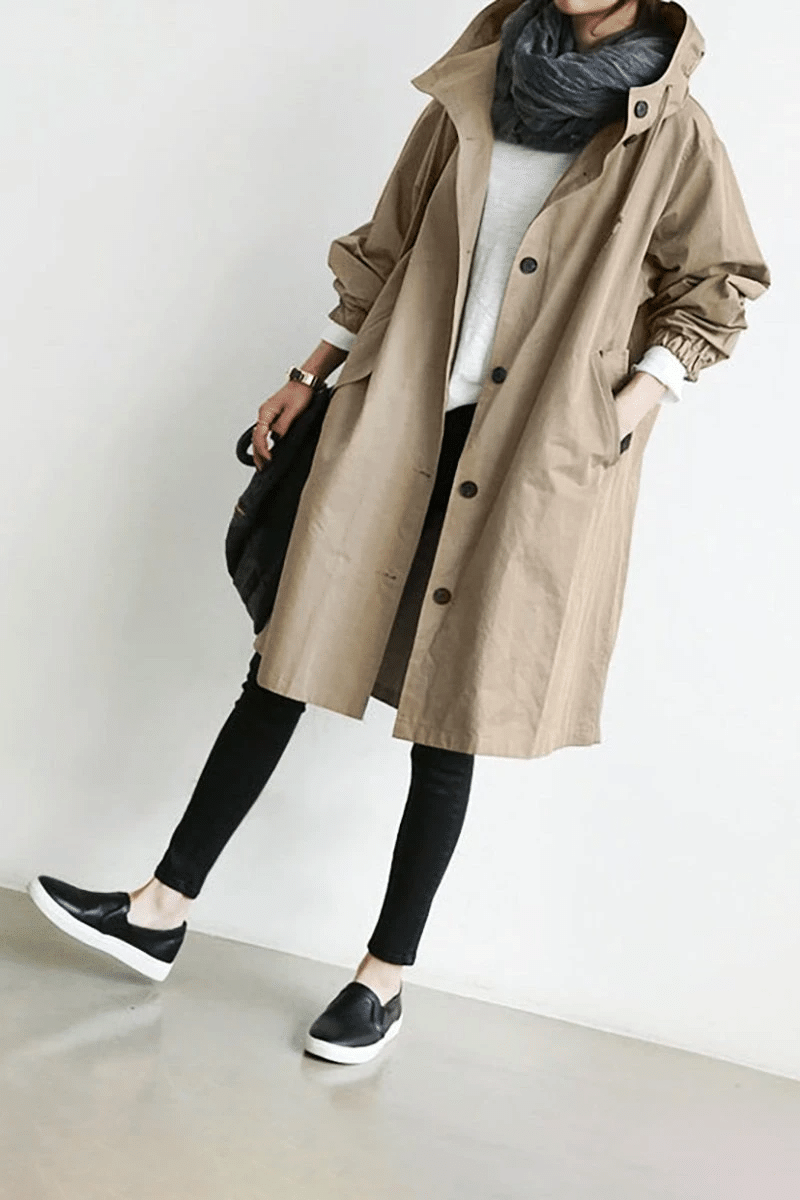 Women's Elegant Hooded Long Coat with Button-Front Closure