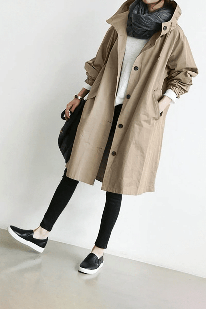 Women's Elegant Hooded Long Coat with Button-Front Closure