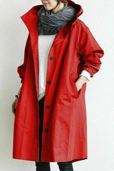 Women's Elegant Hooded Long Coat with Button-Front Closure