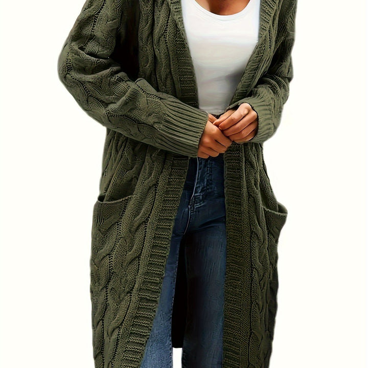 Women's Vintage-Inspired Cable Knit Long Cardigan with Open Front