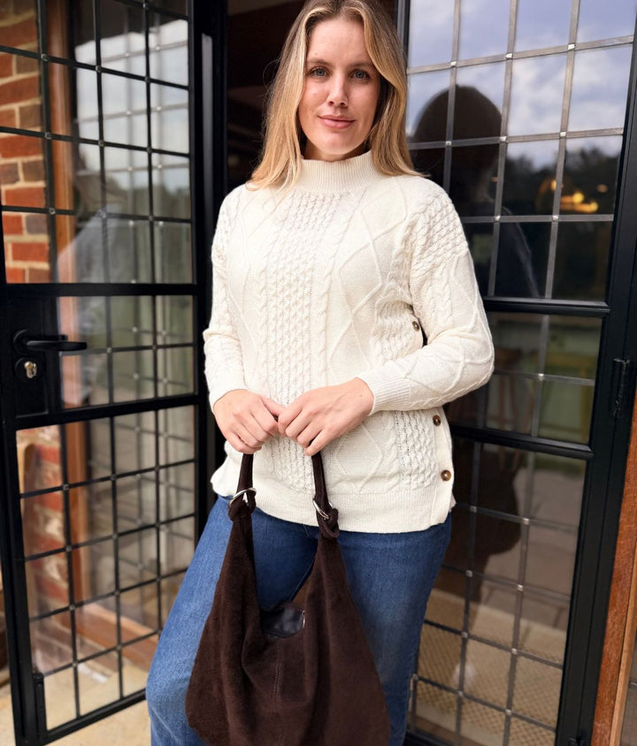 Cosy High Neck Cable Knit Sweater for Women in Cream 1