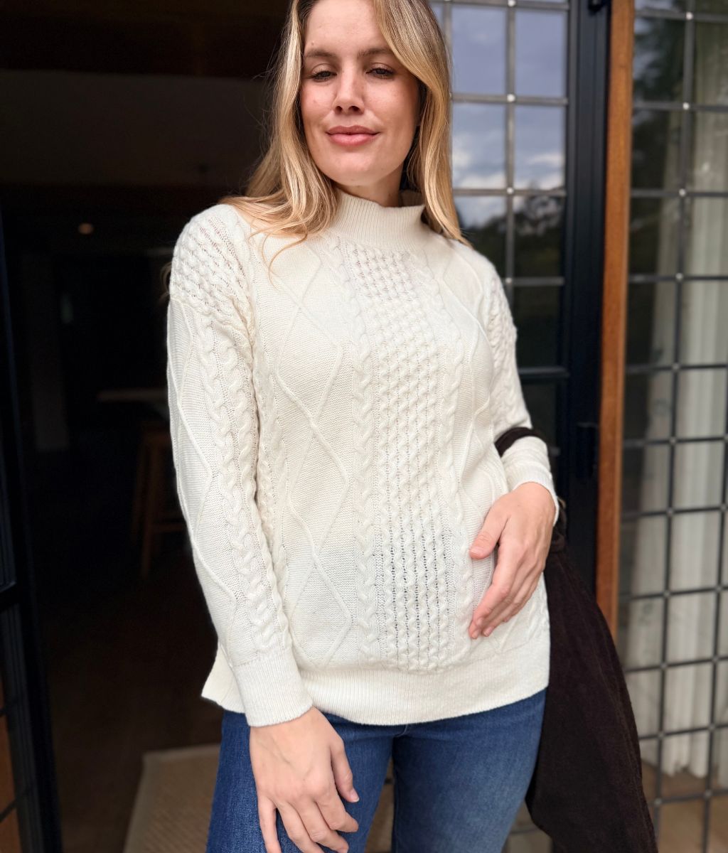 Cosy High Neck Cable Knit Sweater for Women in Cream 4