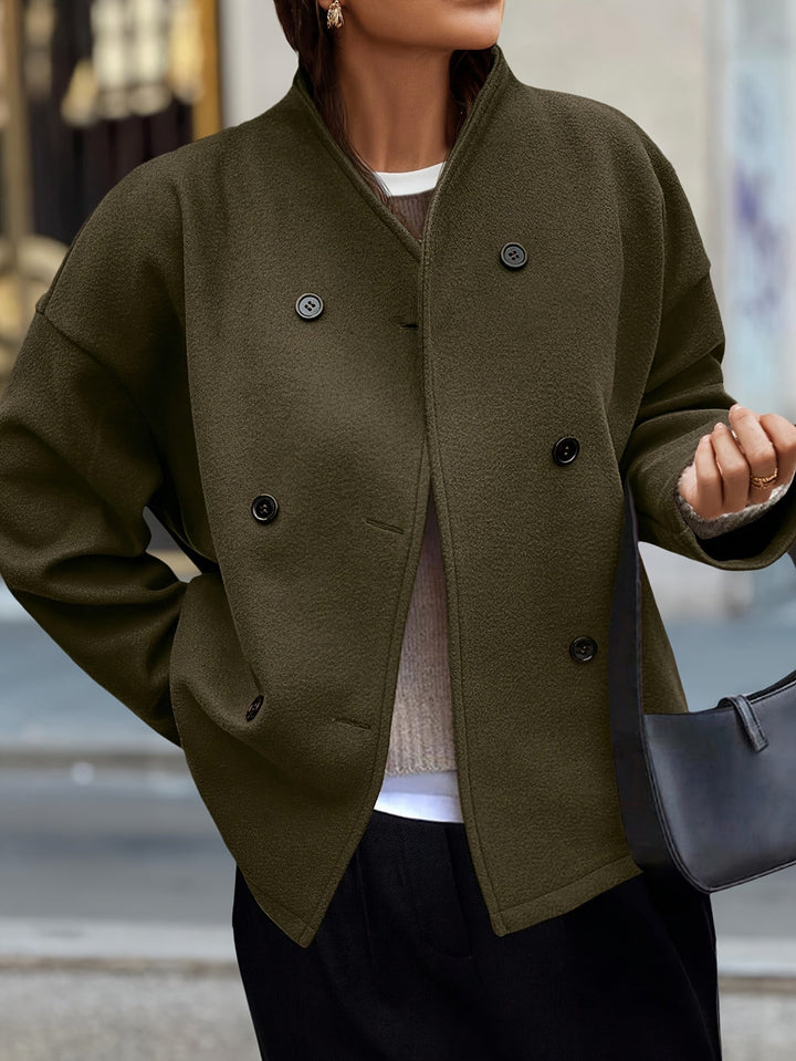 Women's Stylish Green Double-Breasted Fleece Pea Coat