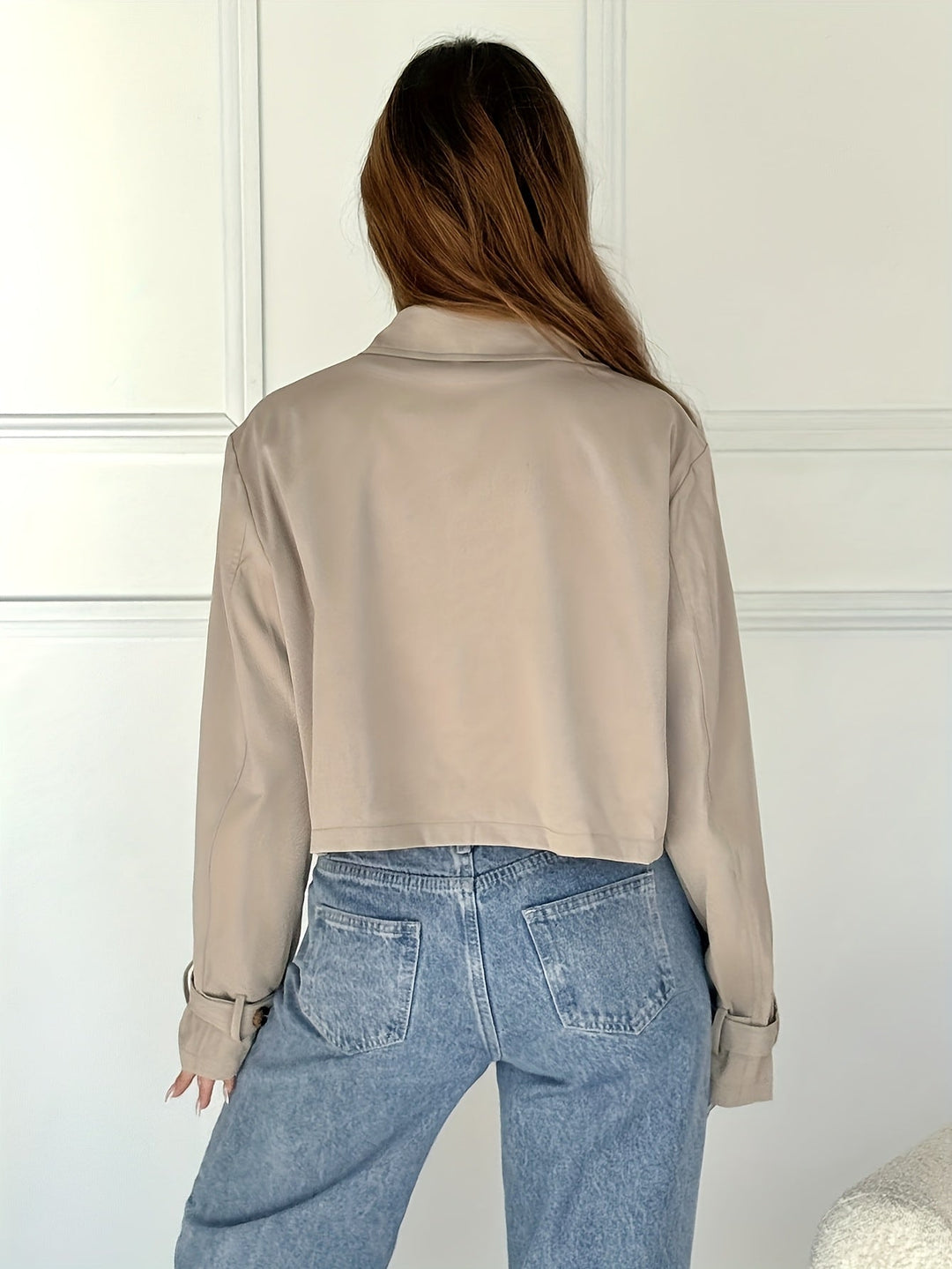Women's Chic Khaki Faux Leather Pea Coat