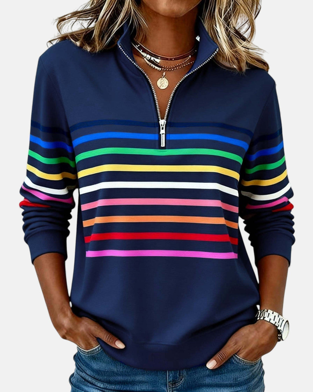 Women's Stylish Striped Quarter Zip Sweater