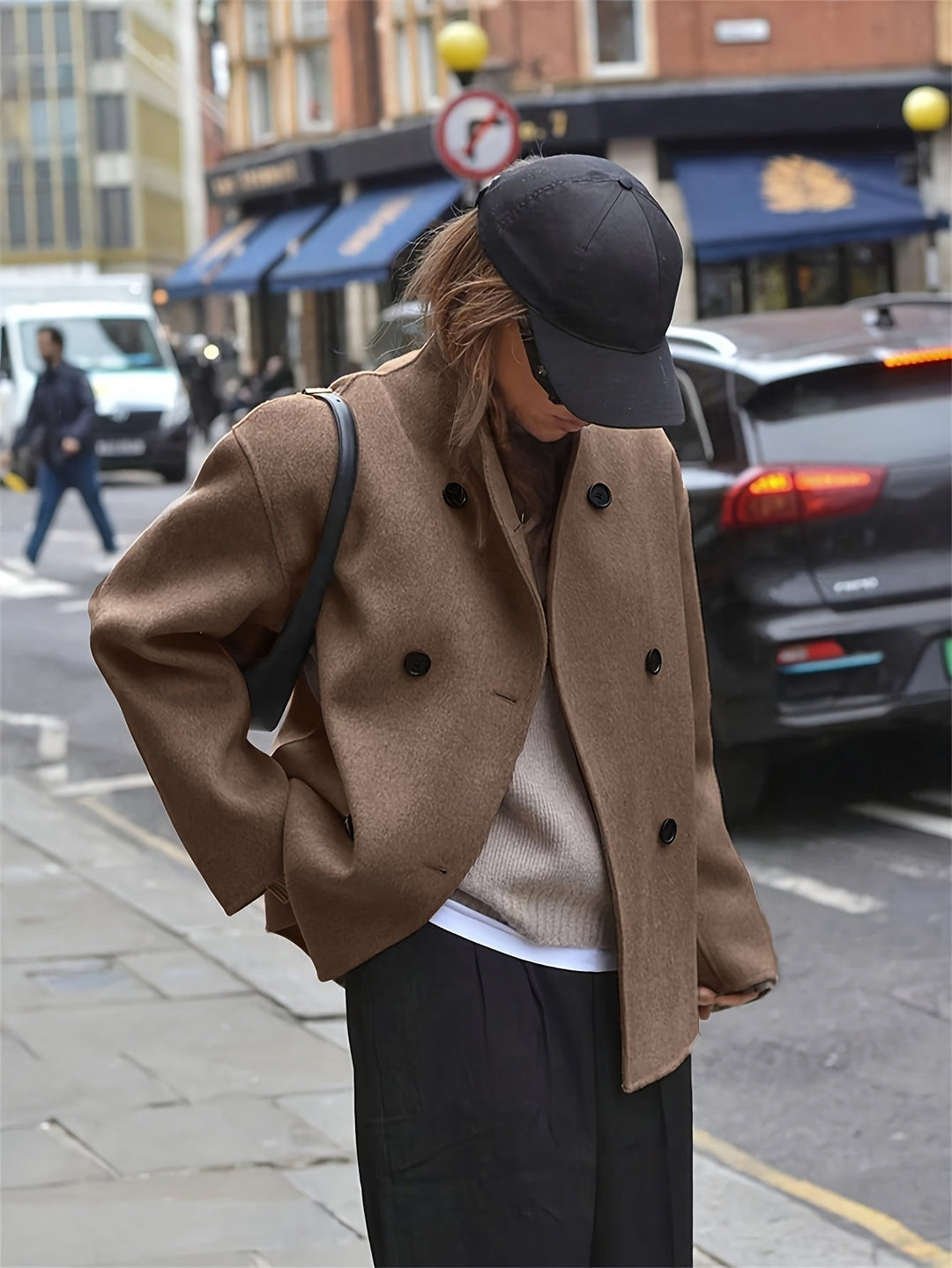 Women's Stylish Camel Wool Double-Breasted Pea Coat