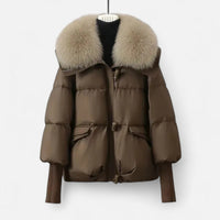 Women's Chic Cropped Zip Up Puffer Jacket with Faux Fur Collar