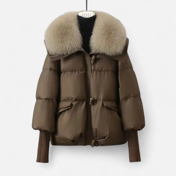 Women's Chic Cropped Zip Up Puffer Jacket with Faux Fur Collar