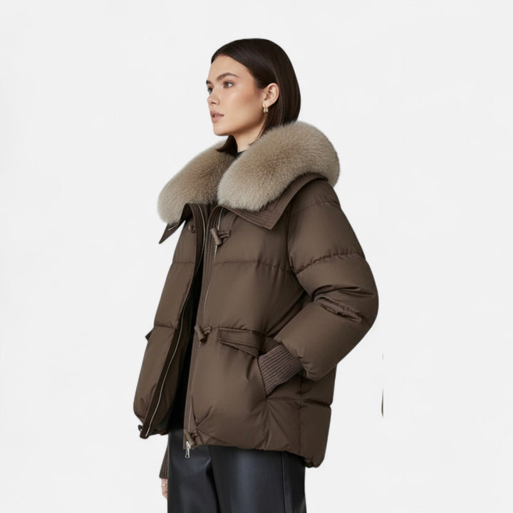 Women's Chic Cropped Zip Up Puffer Jacket with Faux Fur Collar