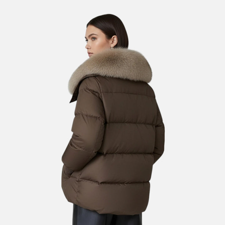 Women's Chic Cropped Zip Up Puffer Jacket with Faux Fur Collar