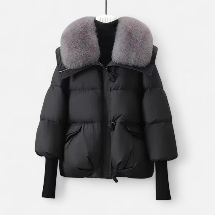 Women's Chic Cropped Zip Up Puffer Jacket with Faux Fur Collar