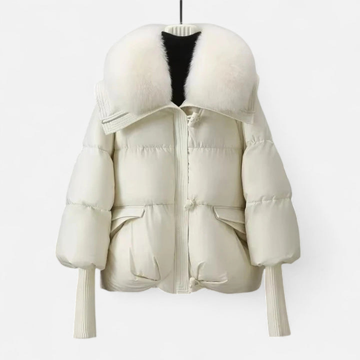 Women's Chic Cropped Zip Up Puffer Jacket with Faux Fur Collar