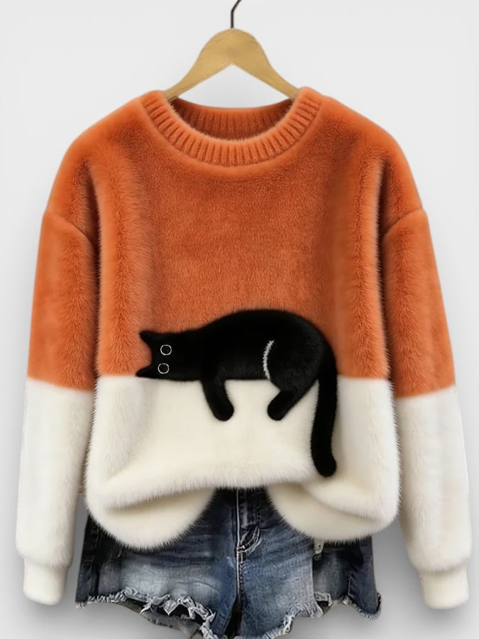 Women's Classic Cotton Crewneck Sweater with Fluffy Color Block Design