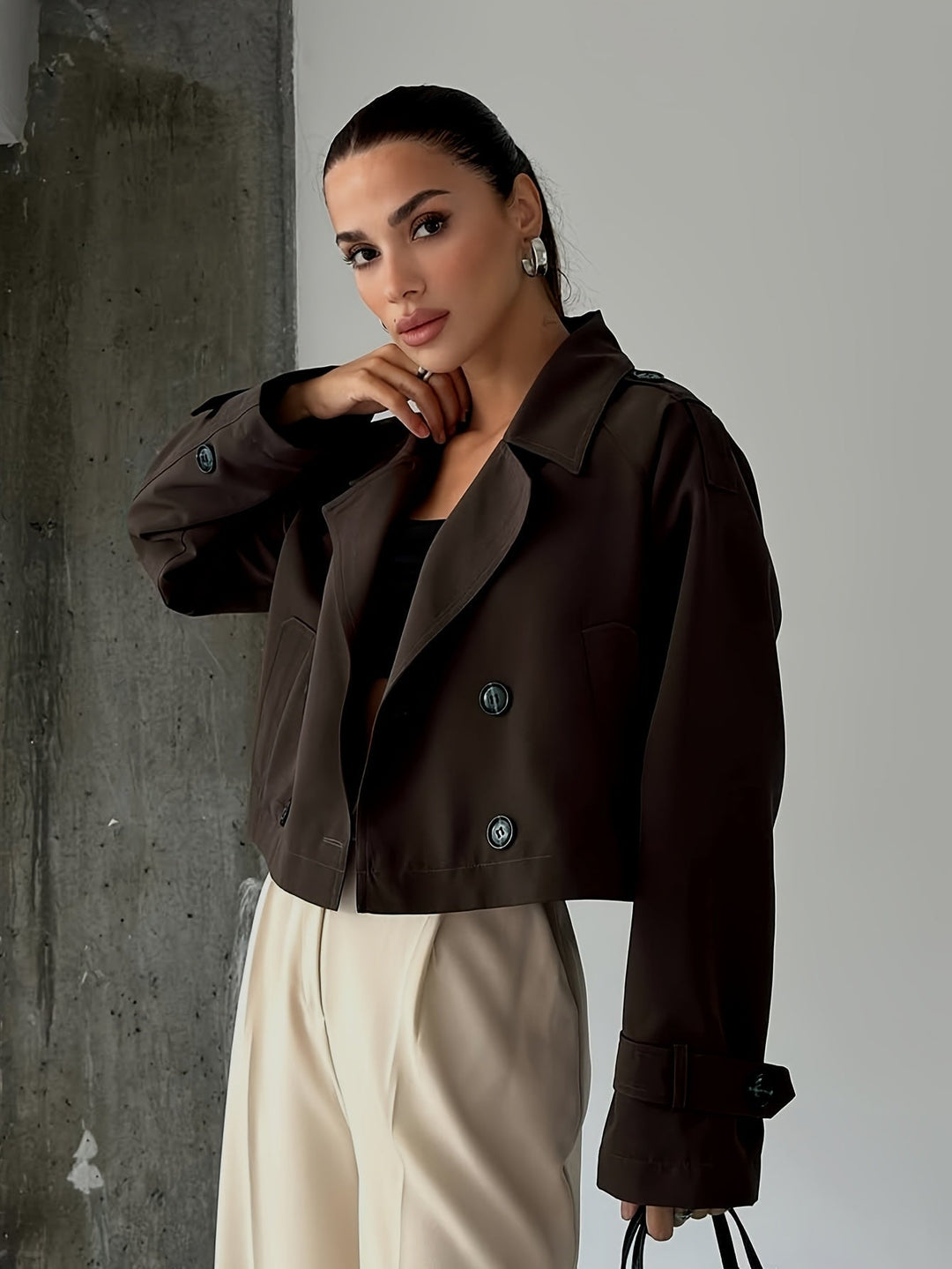 Women's Elegant Double-Breasted Brown Pea Coat