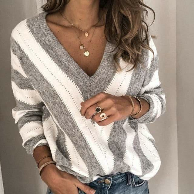 Women's Chic Striped V Neck Knit Sweater