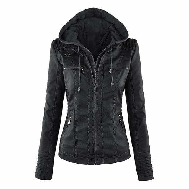 Women's Stylish Hooded Faux Leather Jacket