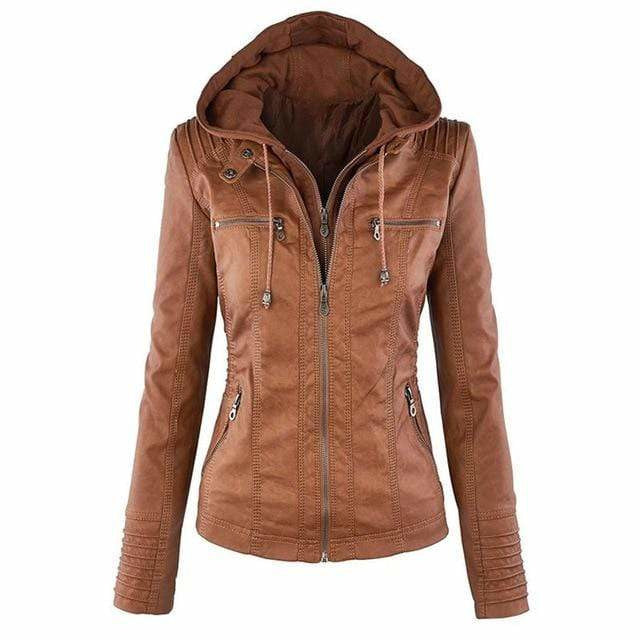 Women's Stylish Hooded Faux Leather Jacket