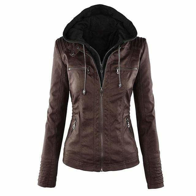 Women's Stylish Hooded Faux Leather Jacket