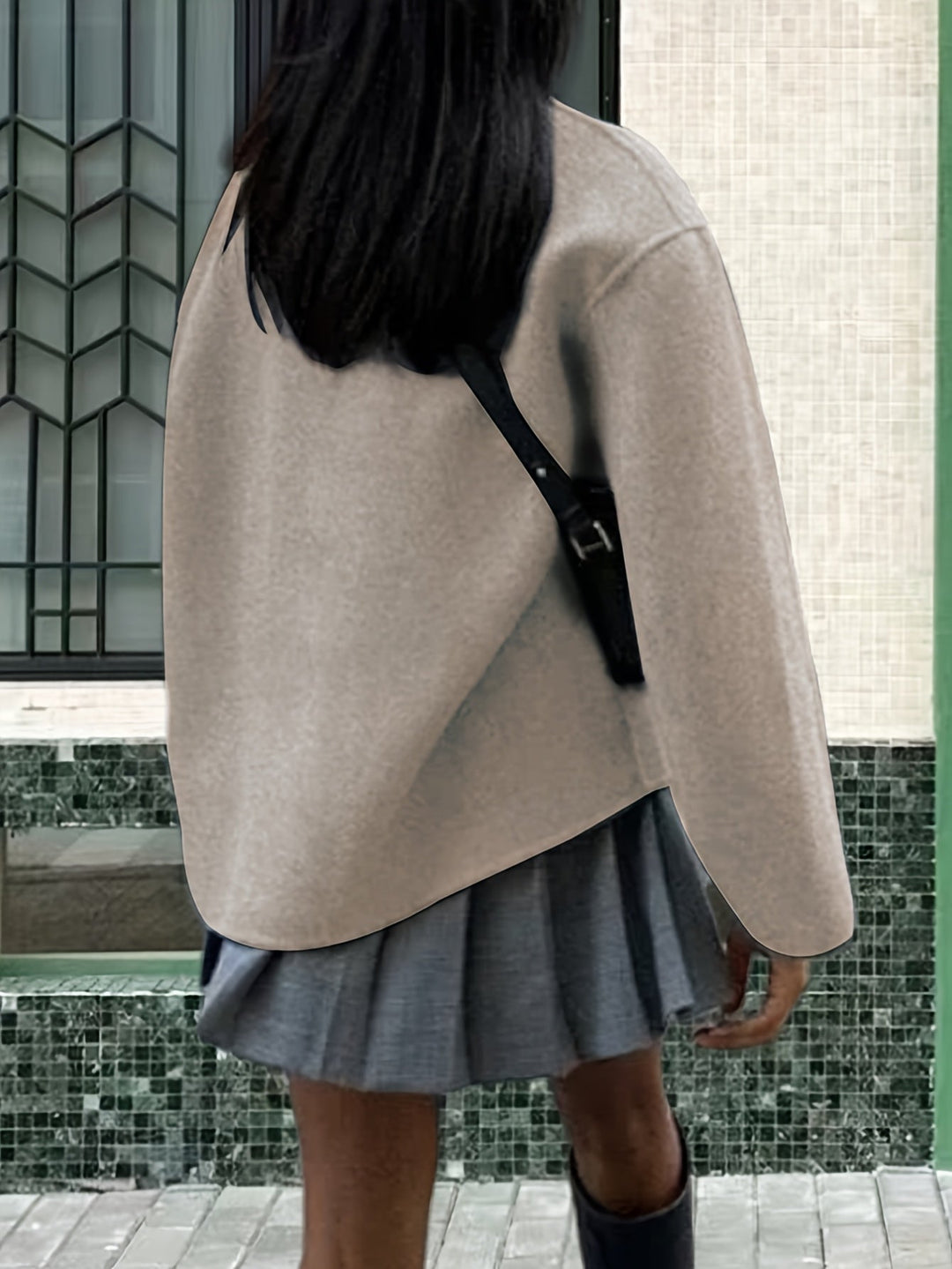 Women's Pretty Cropped Wool Pea Coat with Double-Breasted Closure