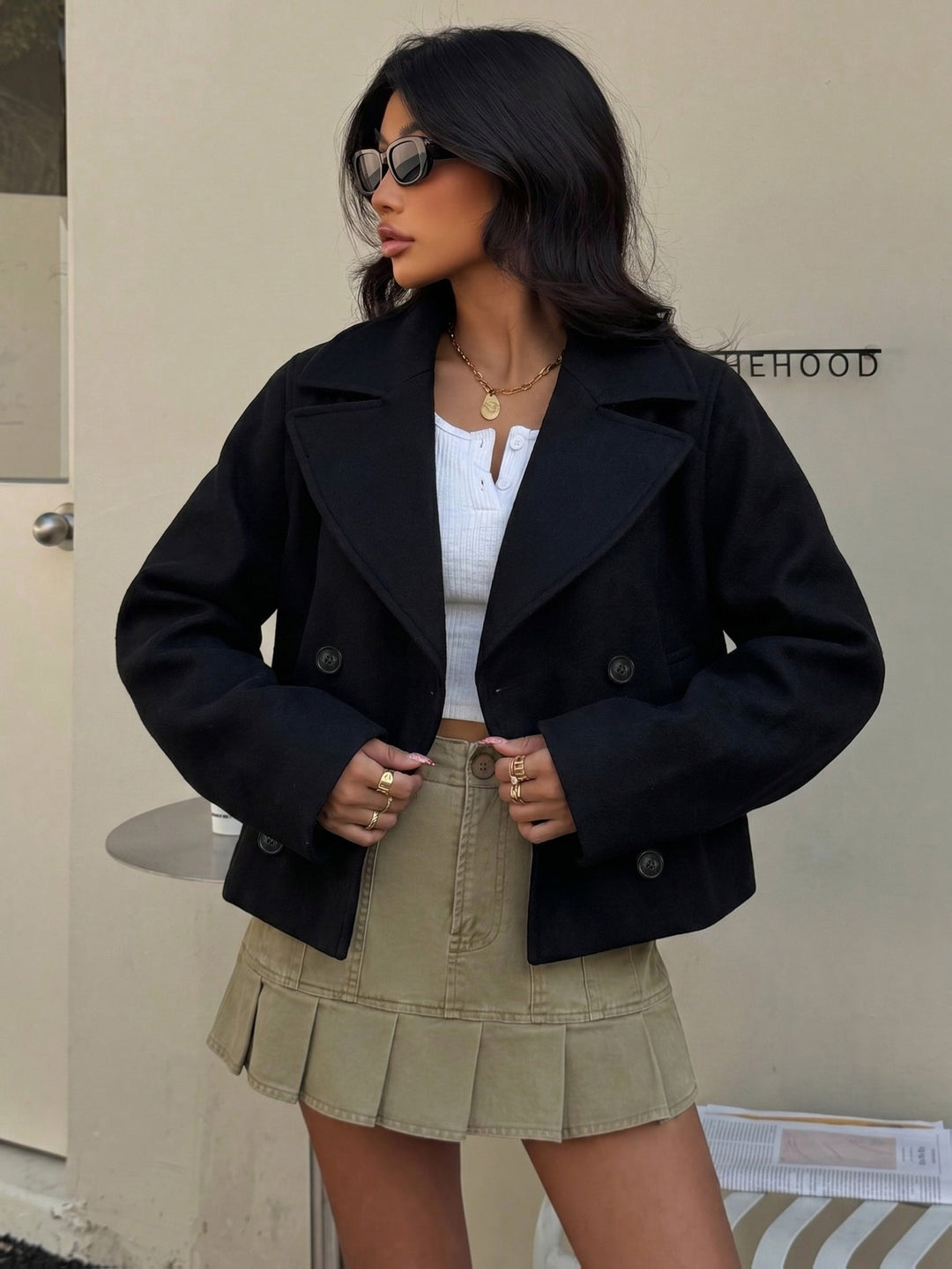 Women's Stunning Black Cropped Double-Breasted Wool Pea Coat