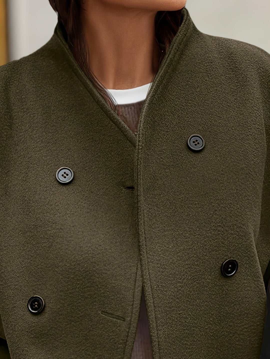 Women's Stylish Green Double-Breasted Fleece Pea Coat