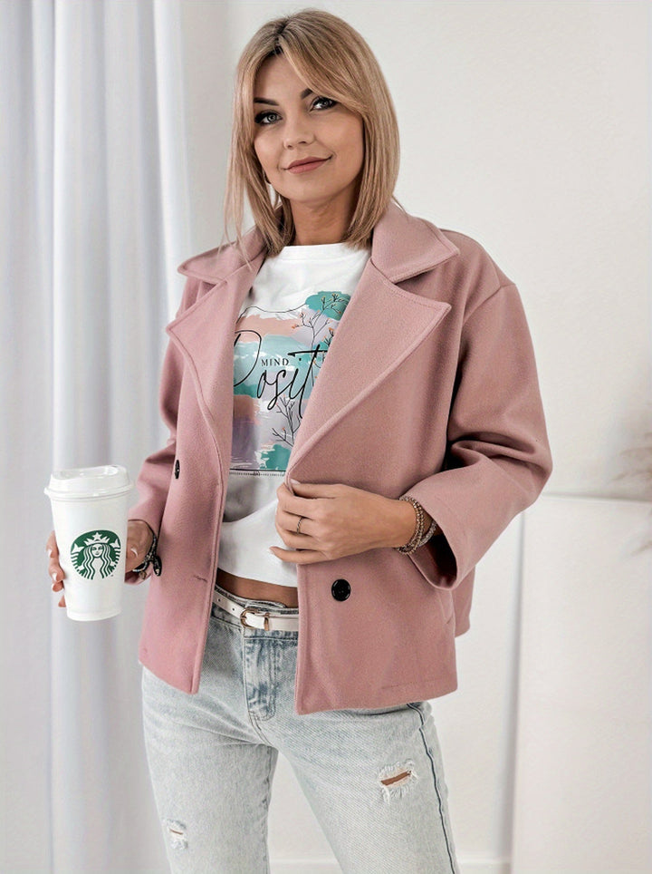 Women's Lightweight Pink Cropped Double-Breasted Pea Coat