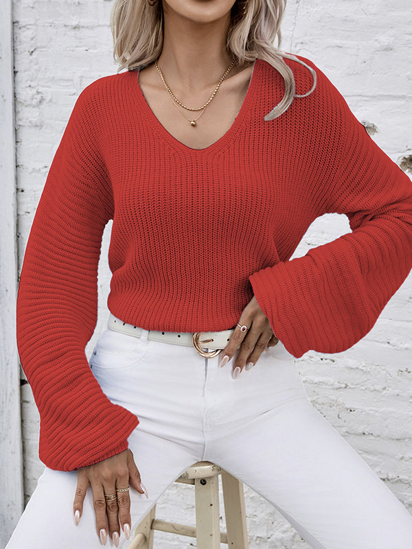 Women's Lightweight Waffle Knit V Neck Sweater with Relaxed Fit