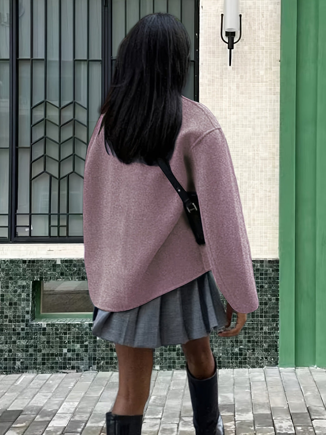 Women's Pretty Cropped Wool Pea Coat with Double-Breasted Closure