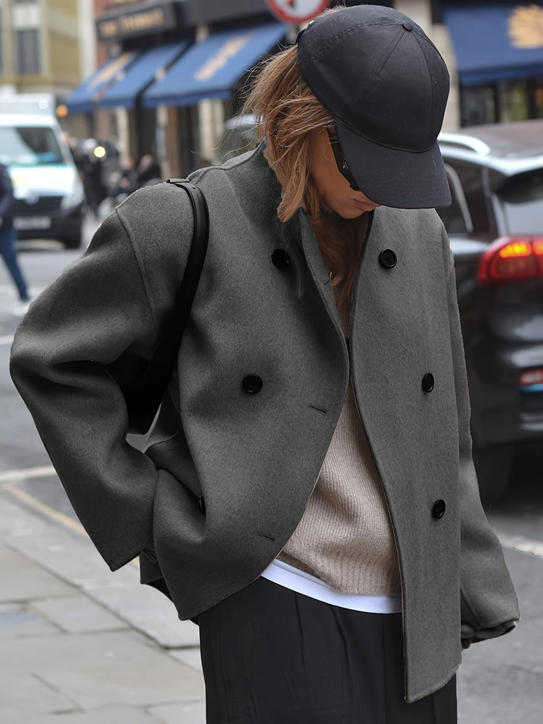 Women's Pretty Cropped Wool Pea Coat with Double-Breasted Closure