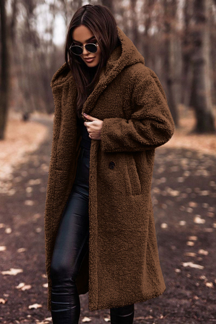 Women's Sophisticated Faux Fur Hooded Long Coat