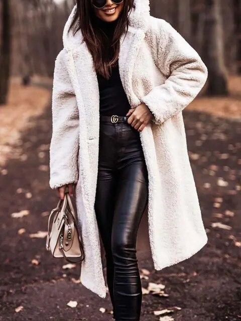 Women's Sophisticated Faux Fur Hooded Long Coat