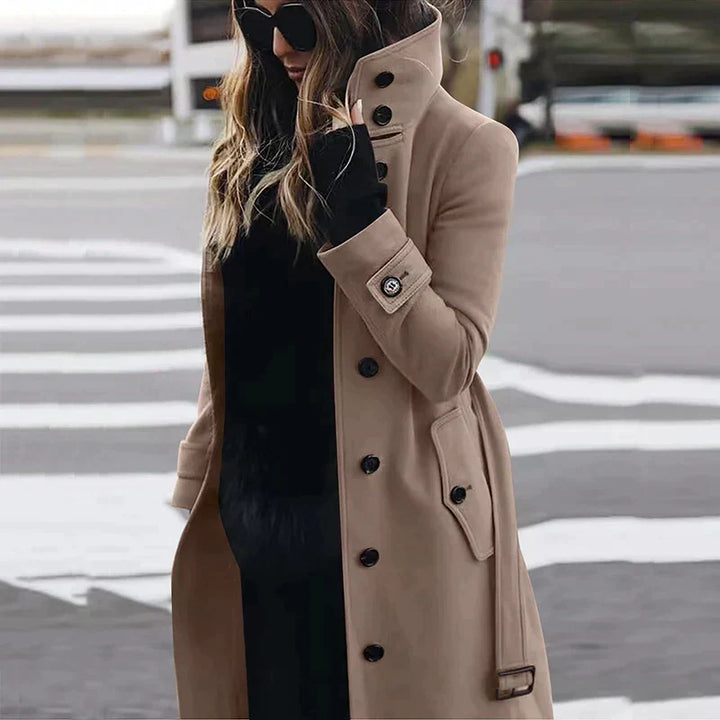 Women's Elegant Belted Trench Coat with Funnel Neck