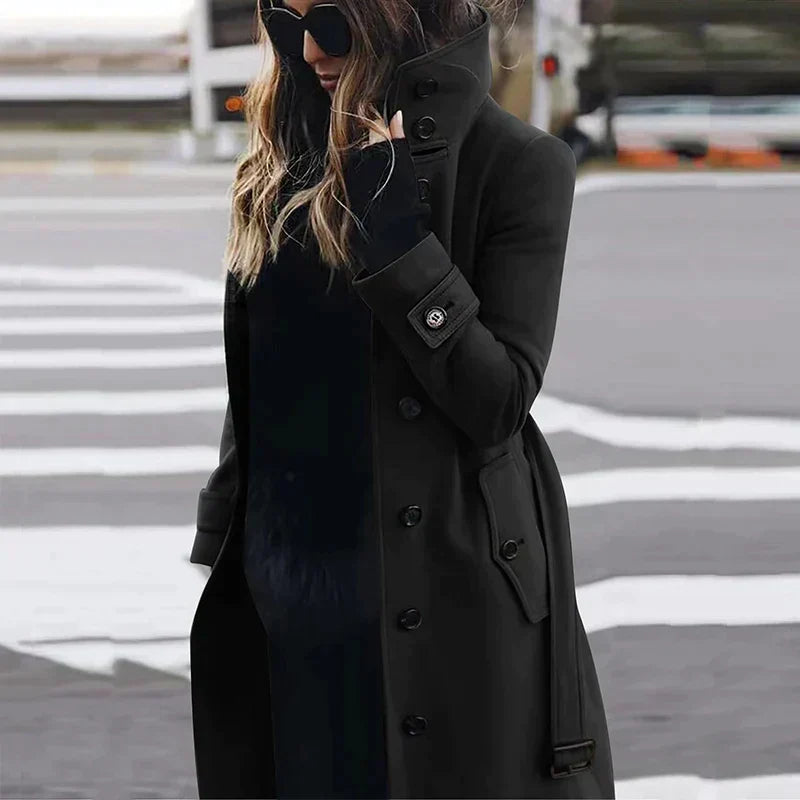 Women's Elegant Belted Trench Coat with Funnel Neck