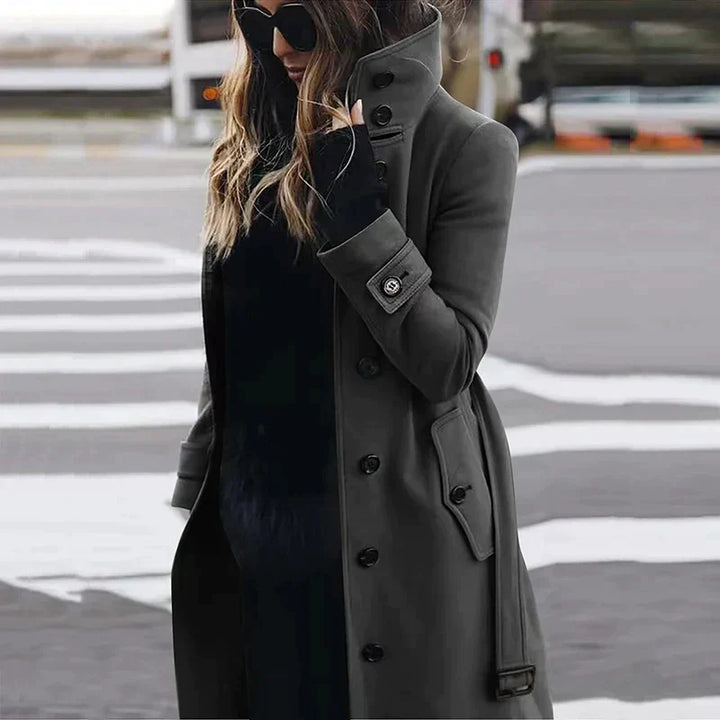 Women's Elegant Belted Trench Coat with Funnel Neck