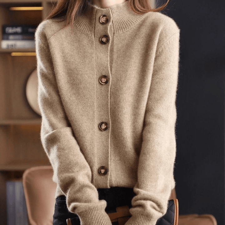 Women's Feminine Cashmere Mock Neck Knit Cardigan with Buttons