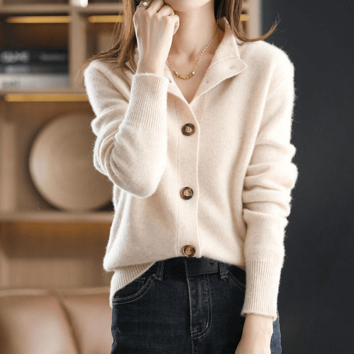 Women's Feminine Cashmere Mock Neck Knit Cardigan with Buttons