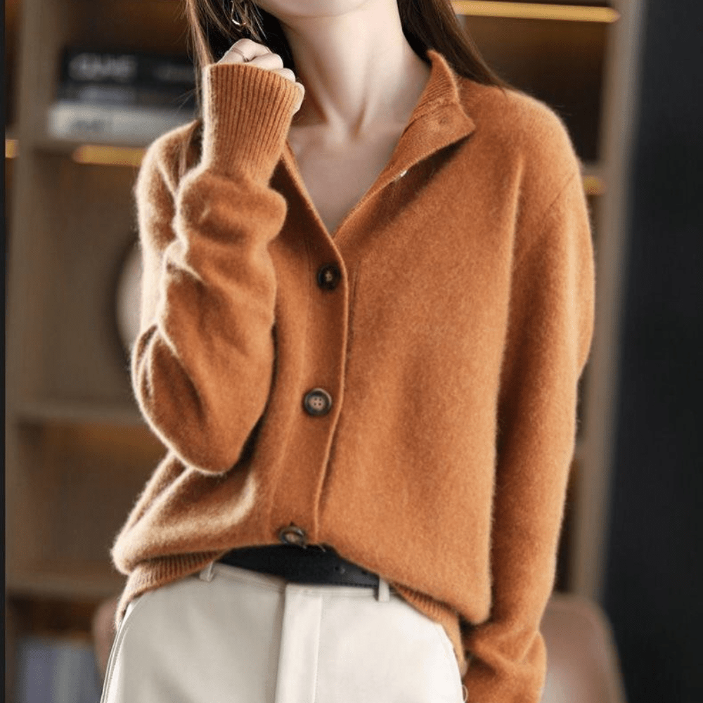 Women's Feminine Cashmere Mock Neck Knit Cardigan with Buttons