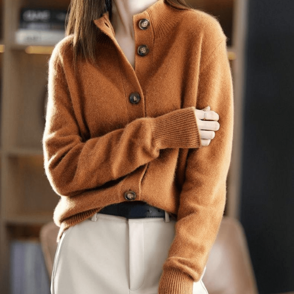 Women's Feminine Cashmere Mock Neck Knit Cardigan with Buttons