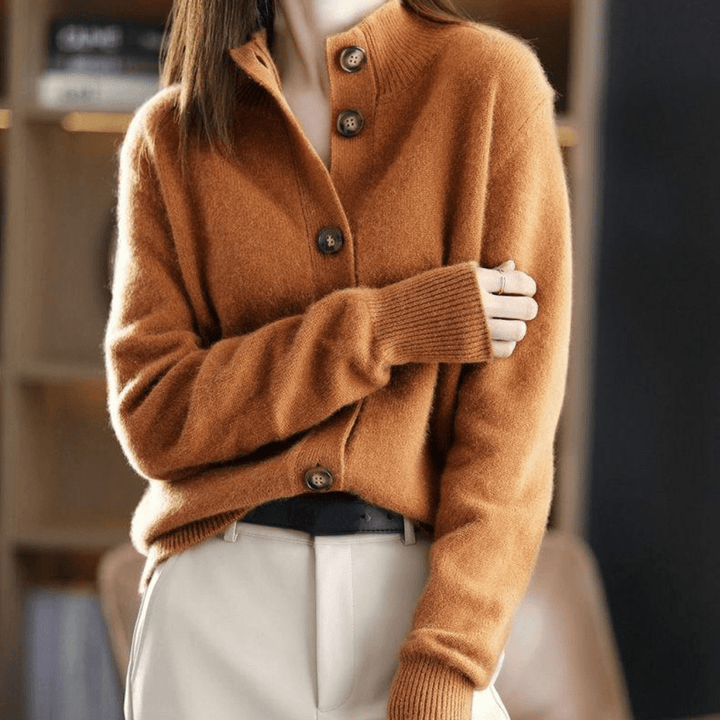 Women's Feminine Cashmere Mock Neck Knit Cardigan with Buttons